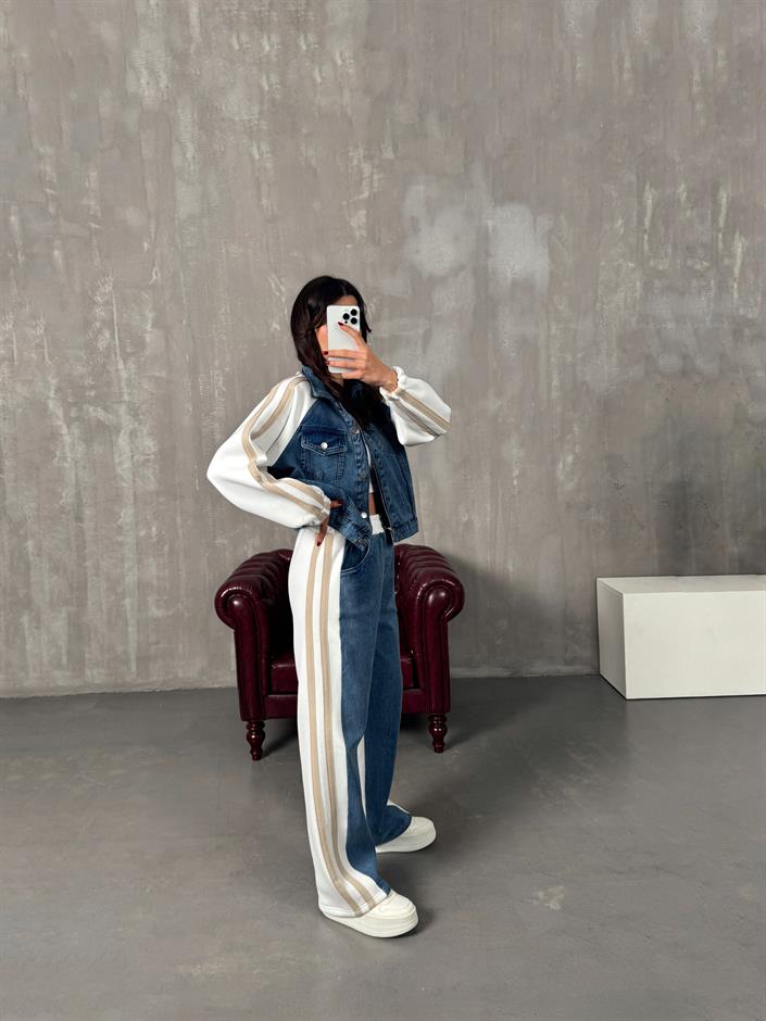 Gong Beyaz Denim Karışımlı Şeritli Takım
