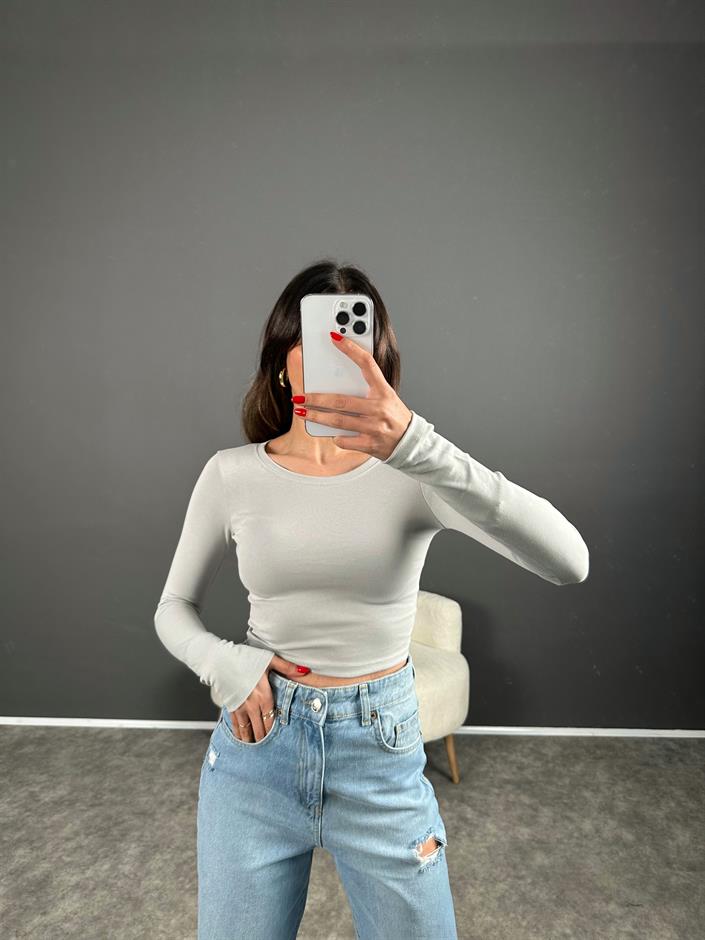 Açık Gri ZR Model Basic Uzun Kollu Crop
