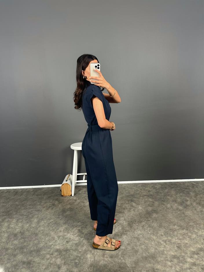 Tatissi Lacivert Kemer Bağlamalı V Yaka Keten Tulum