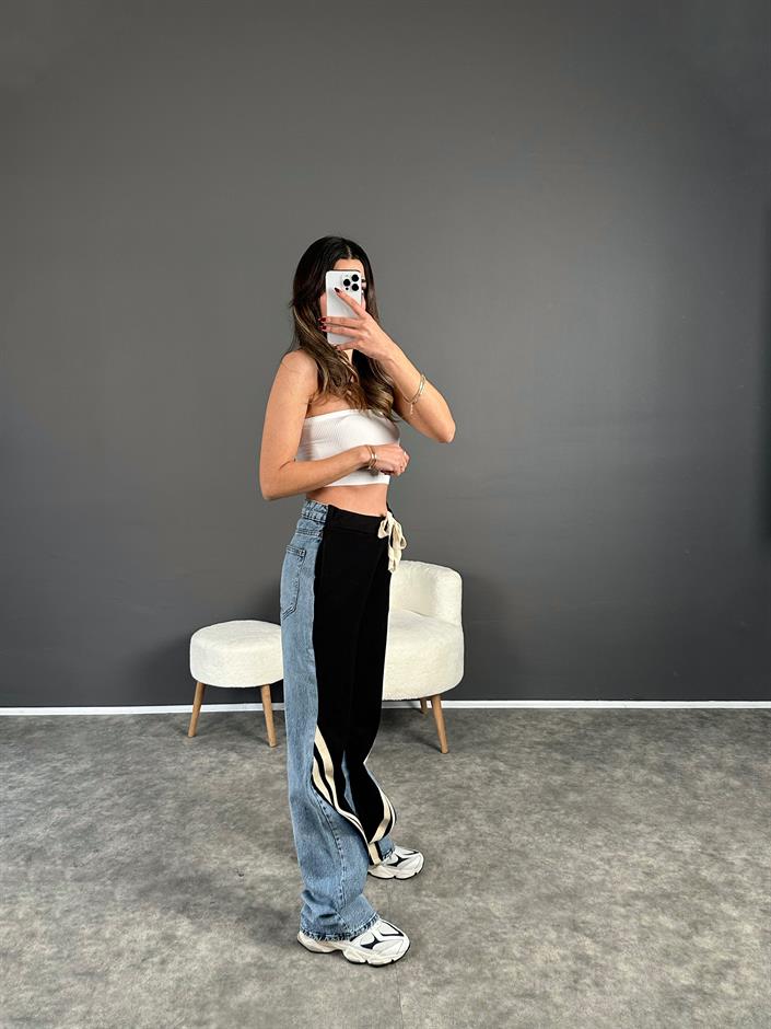 Premium Siyah Jean Şerit Detaylı Pantolon