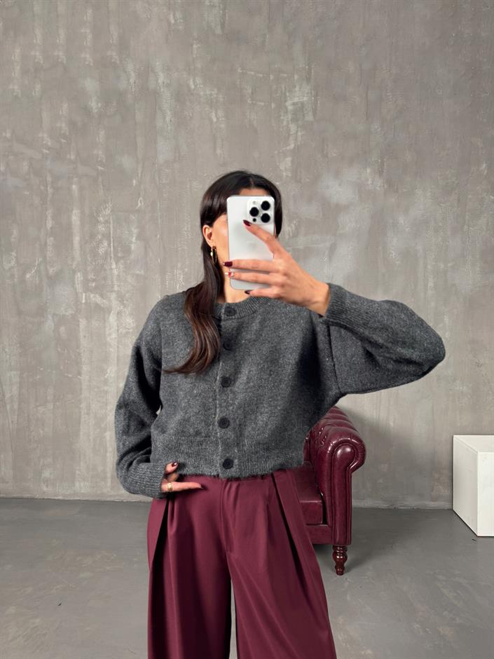 Tony Antrasit Düğmeli Crop Hırka