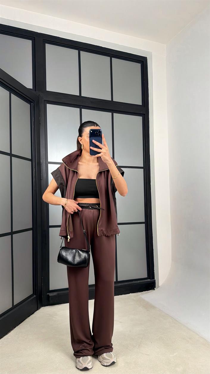 Kahve Paraşüt Kumaş Detaylı Yelek Pantolon İkili Modal Kumaş Takım GAUS-01369