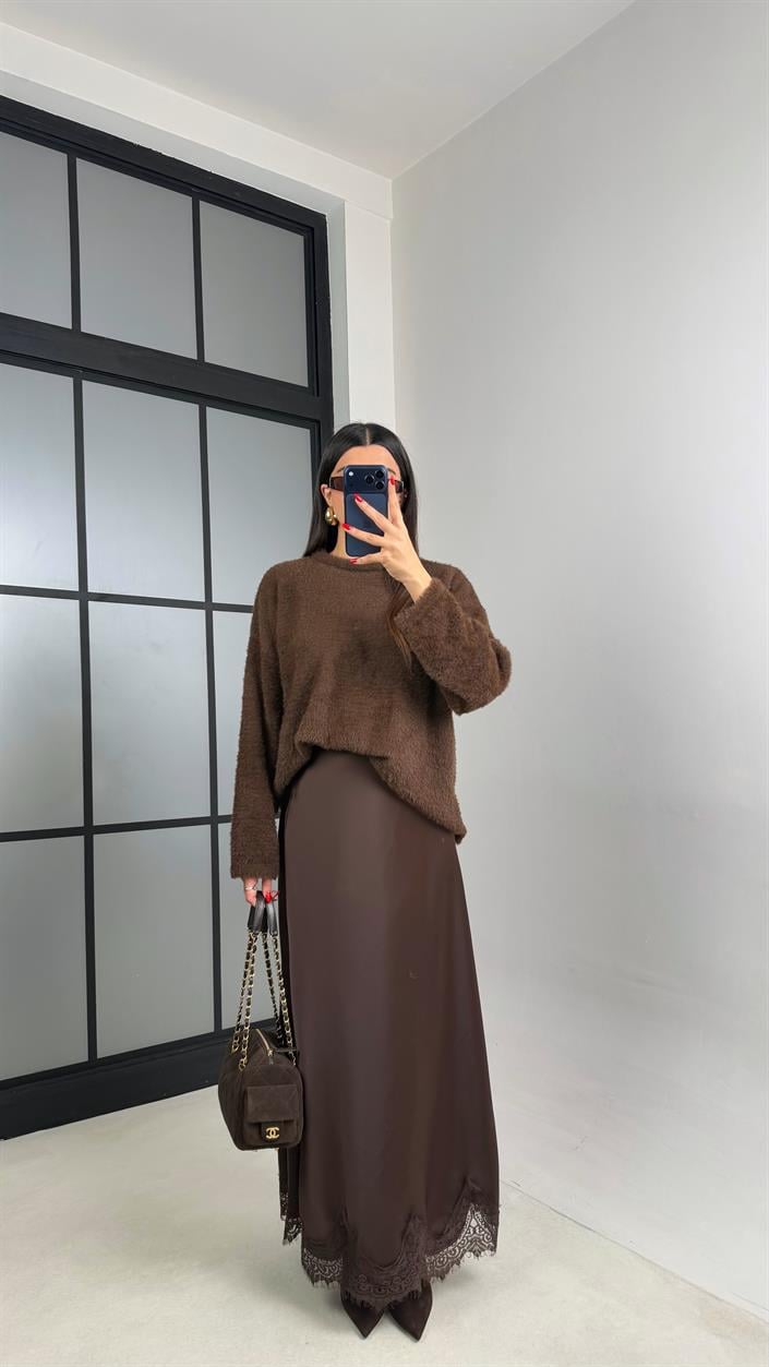 Kahve Dantel Detaylı Saten Etek GAUS-00999