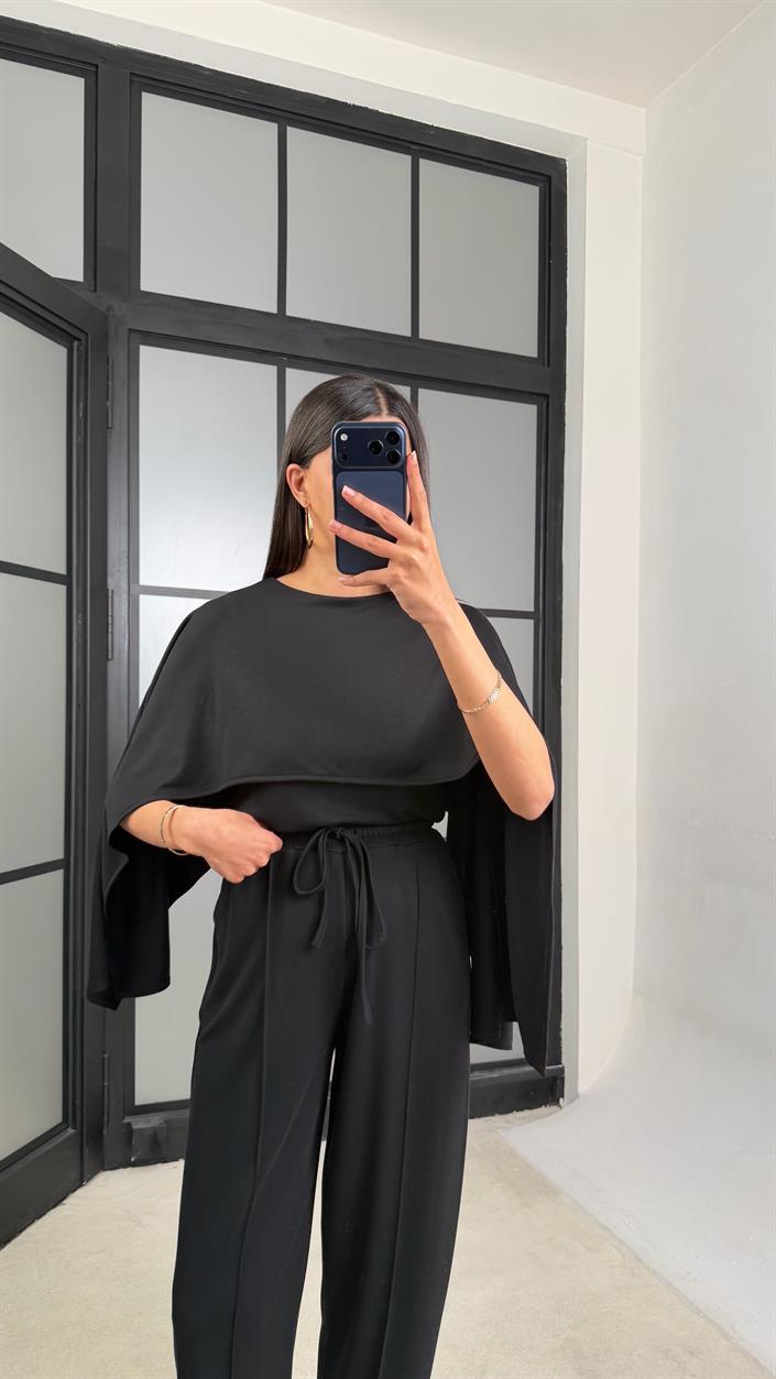Siyah Pelerin Detaylı Bluz Beli Lastikli Pantolon İkili Tasarım Modal Takım GAUS-01499