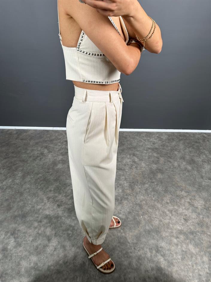 Disy Krem Gabardin Dokuma Paça Detaylı Pantolon