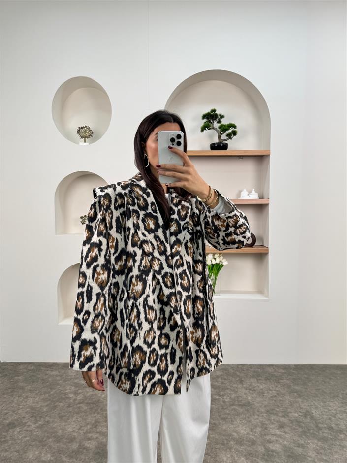 Zena Leopar Desenli Astarlı Bağlamalı Premium Ceket