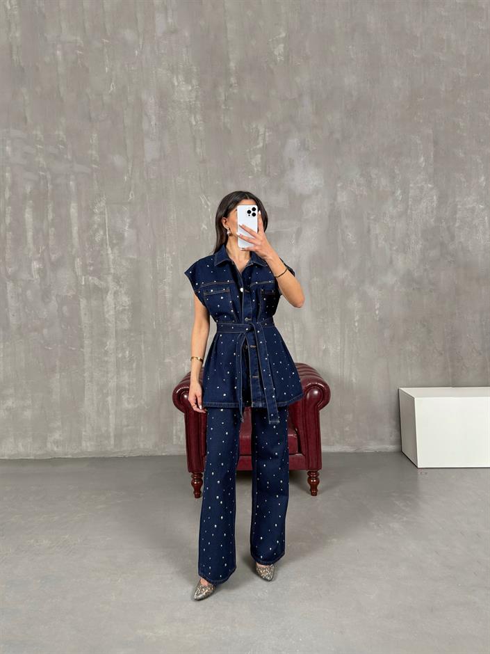Hespi Lacivert Zımbalı Kuşaklı Yelek Pantolon Denim Takım