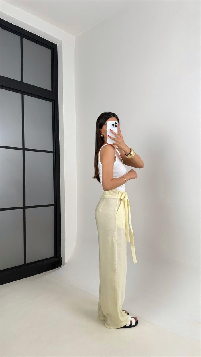 Sarı Yan Bağlamalı Tasarım Tencel Pantolon Gaus00500