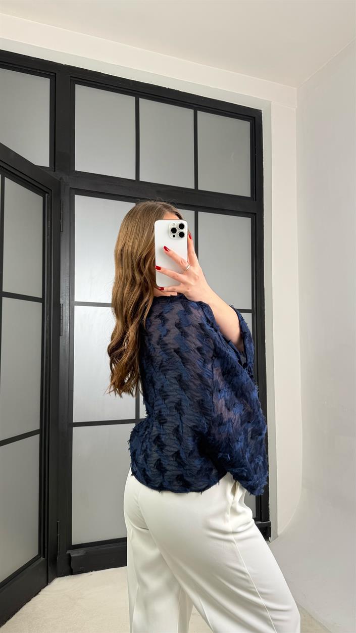 Lacivert Püsküllü Bağlama Detaylı Kimono GAUS-01277