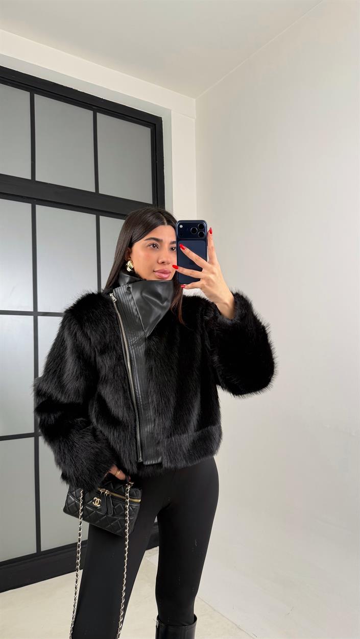 Siyah Astarlı Deri Detaylı Kürk Ceket GAUS-01017