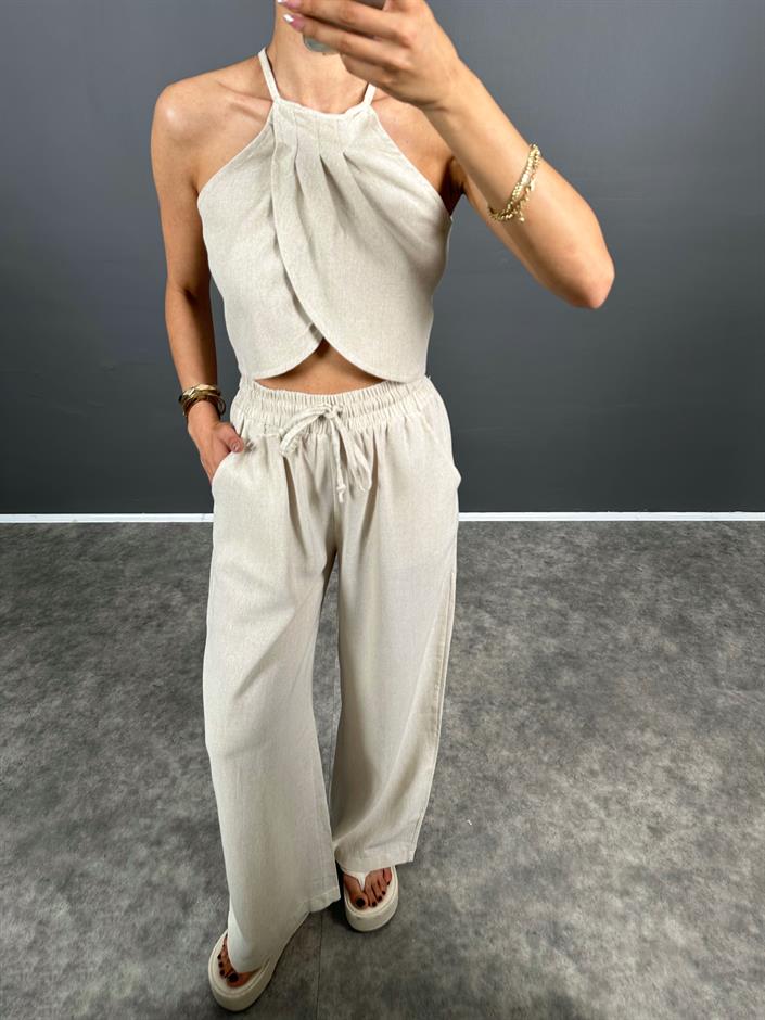 Pony Taş Keten Karışımlı Crop Pantolon Takım