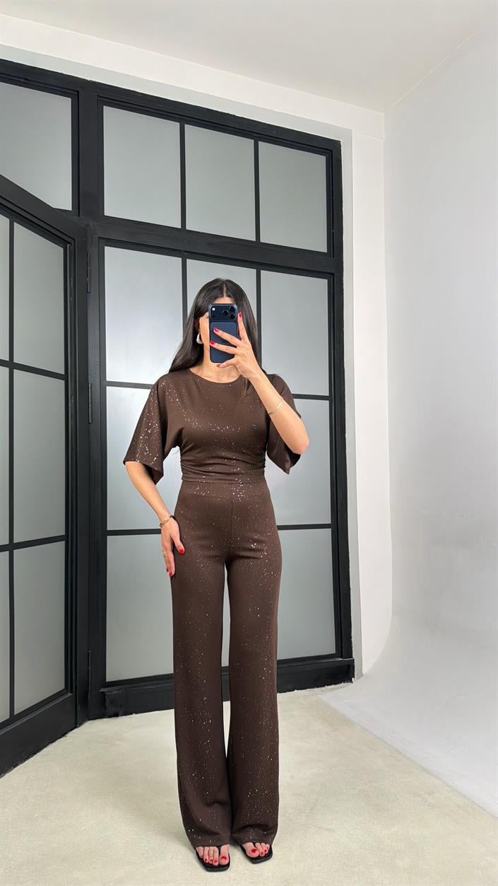 Acı Kahve Simli Bluz Beli Lastikli Pantolon İkili Takım GAUS-01554