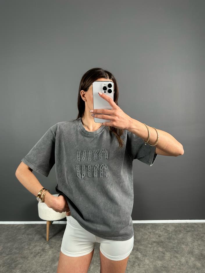 M Baskılı Eskitme Tshirt