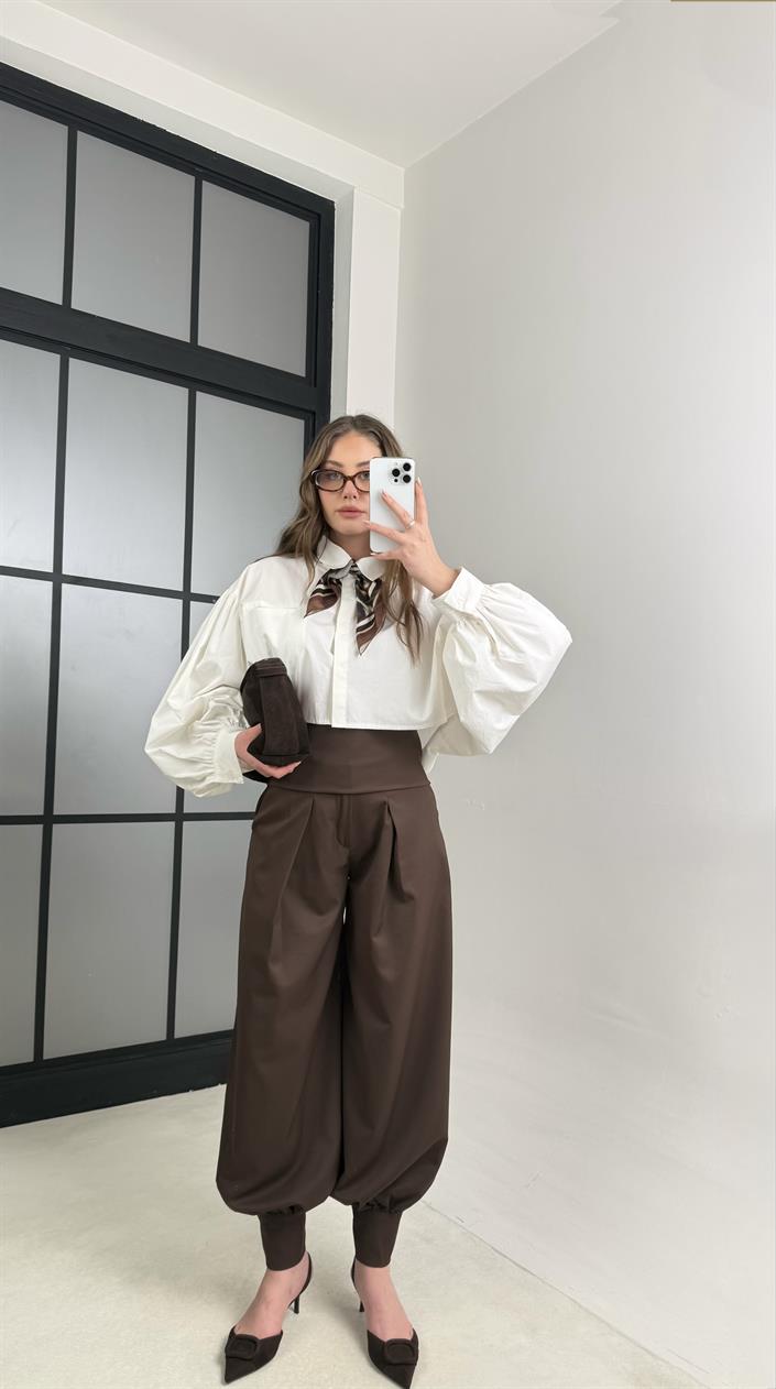 Acı Kahve Kuşaklı Tasarım Şalvar Pantolon GAUS-01118