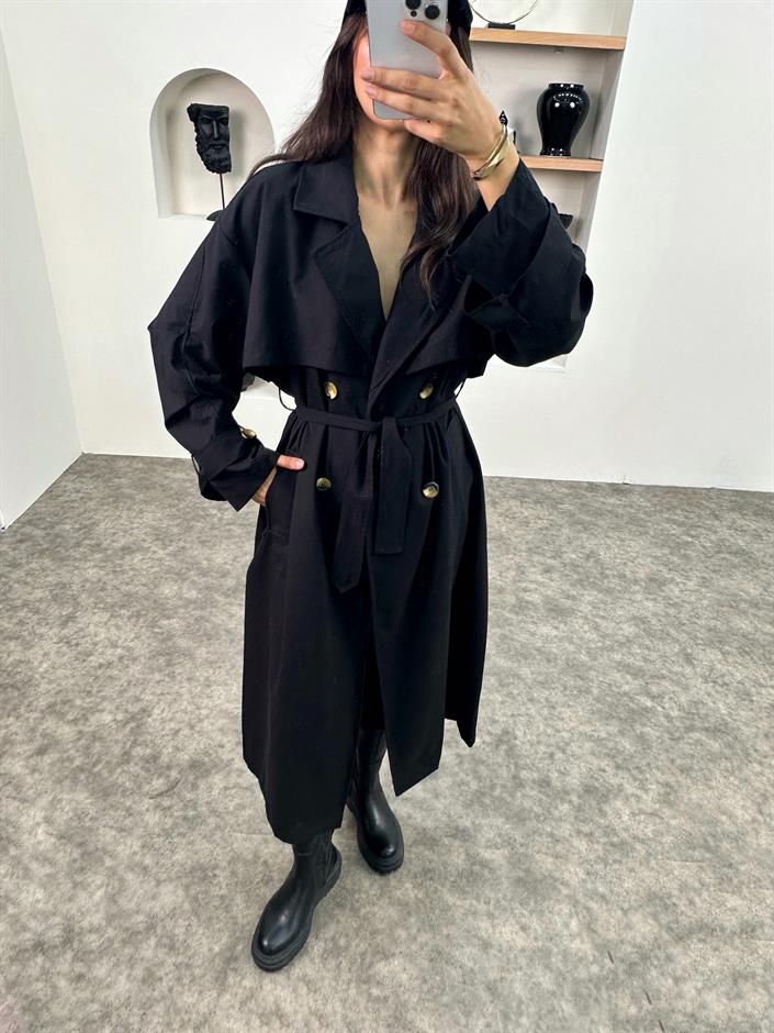 Wendy Siyah Kemerli Astarsız Muadil Trençkot