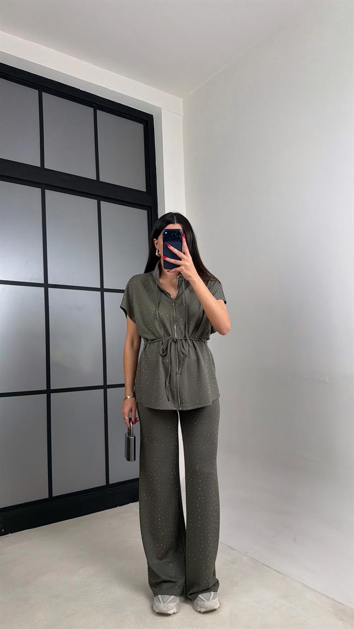 Haki Beli Lastikli Hırka Pantolon Taşlı Modal Takım GAUS-01064