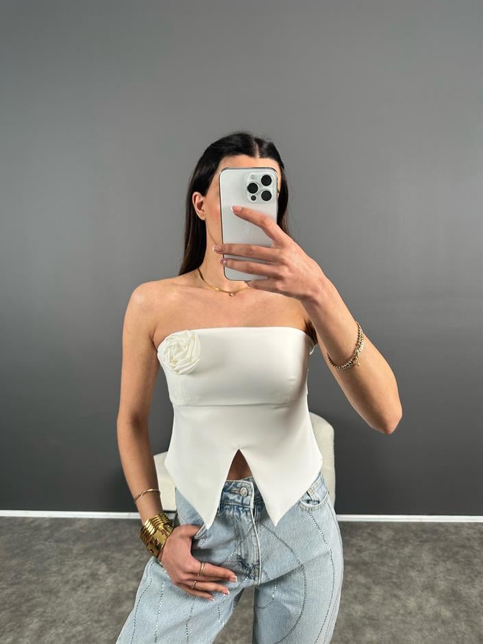 Ekru Gül Detaylı Arkası Fermuarlı Straplez