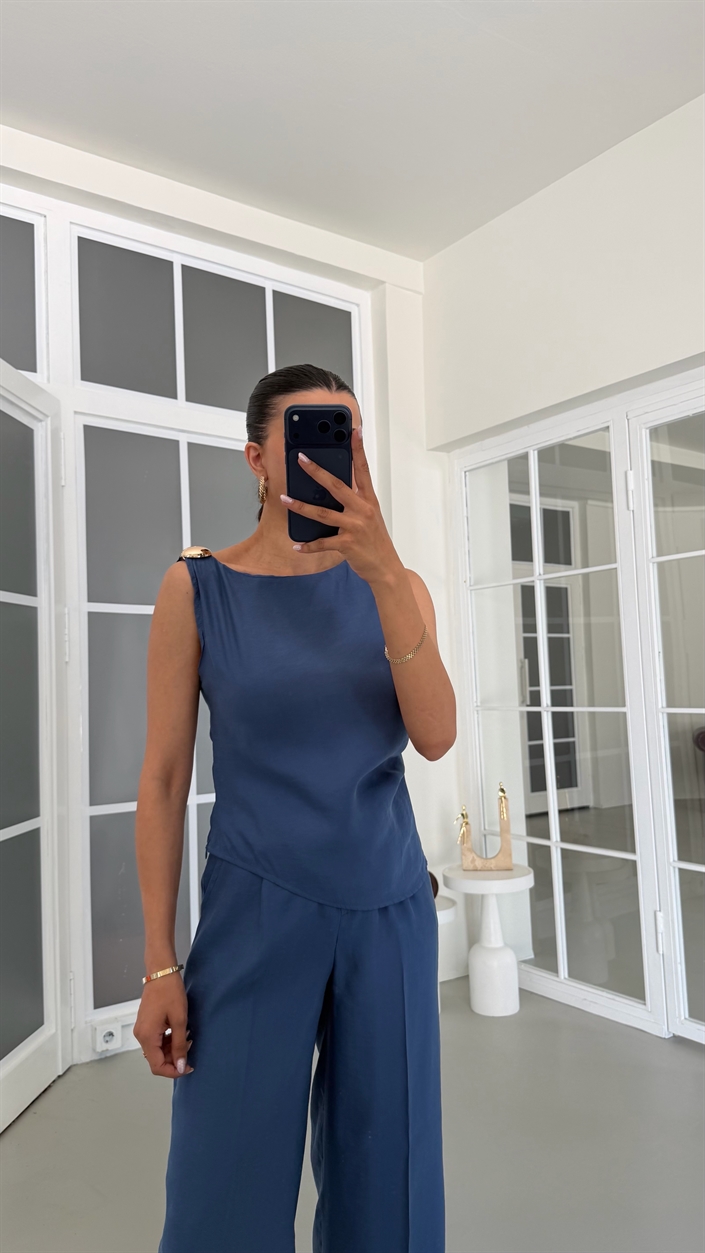 Koyu Mavi Gold Toka Detaylı Bluz Pantolon İkili Tencel Takım GAUS-01825