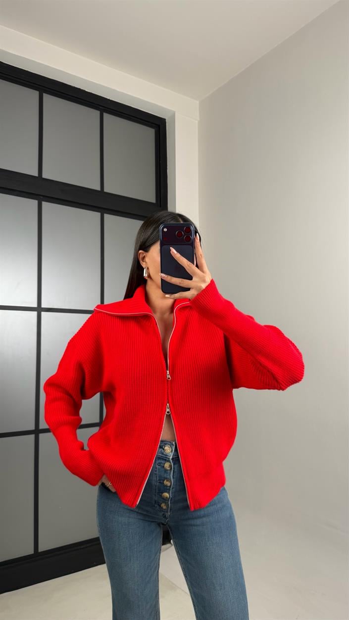 Nar Çiçeği Çift Fermuarlı Triko Kazak GAUS-00858