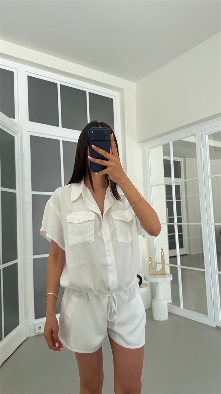 Beyaz Beli Lastikli Tencel Denim Tulum GAUS-01816