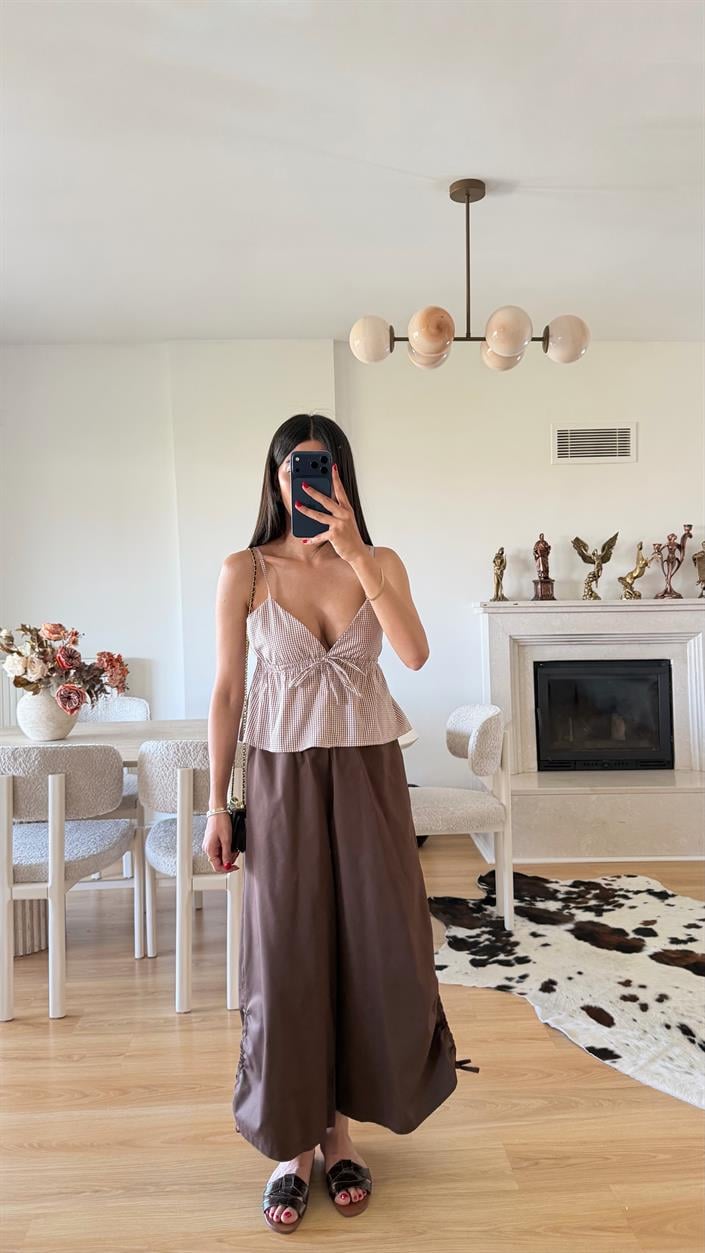 Acı Kahve Geniş Paça Bağlamalı Lastikli Pantolon GAUS-01568