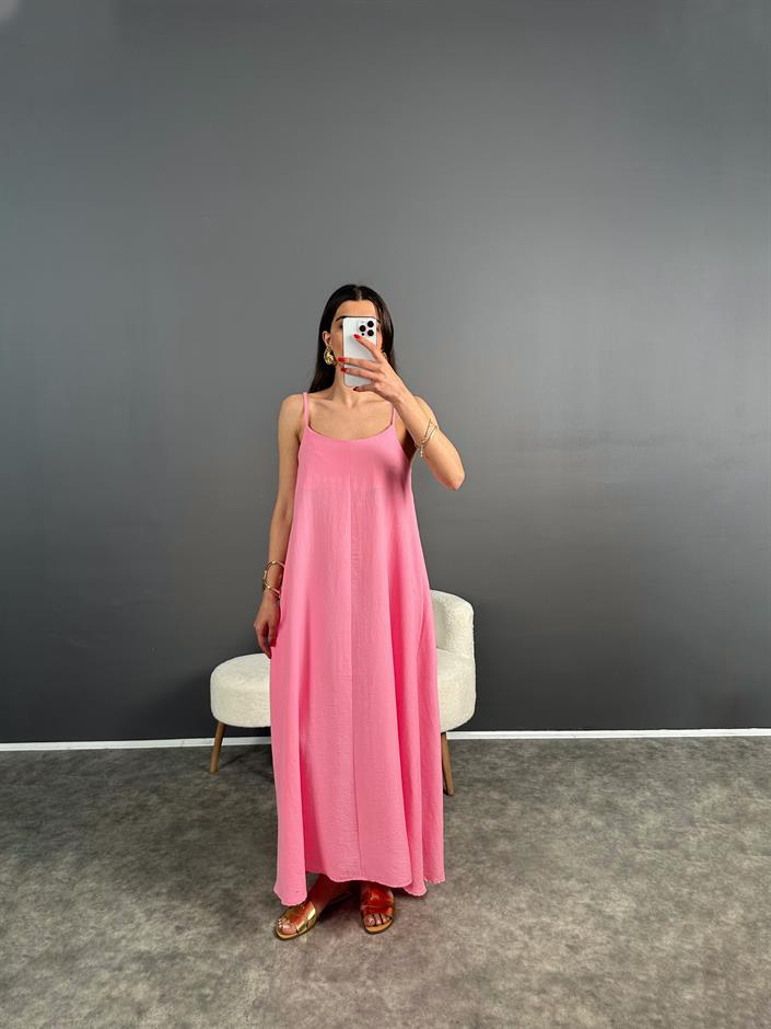 Jamin Pembe İp Askılı Uzun Elbise