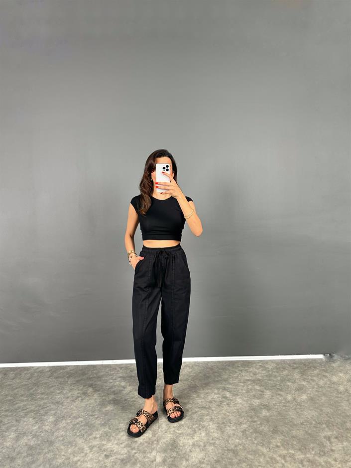Rian Siyah Beli Lastikli Cepli Gabardin Pantolon