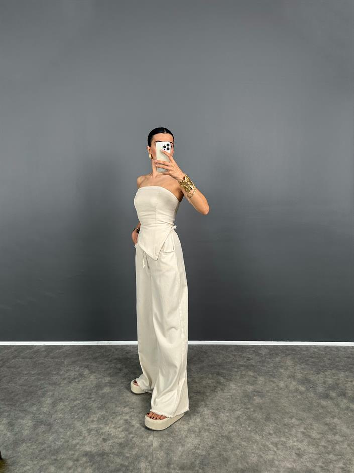 Spino Taş Gabardin Crop Bol Paça Pantolon Takım