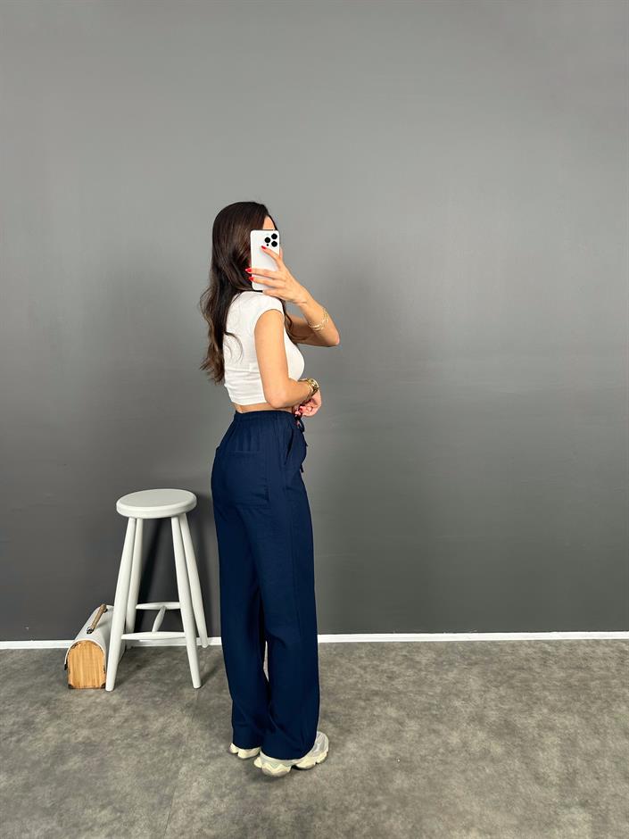 Flay Lacivert İthal Kumaş ZR Model Bel Bağlamalı Rahat Pantolon