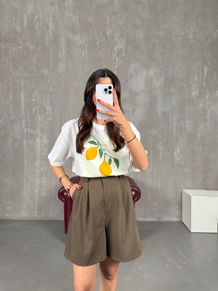 Krem Limon Baskılı Bisiklet Yaka Tshirt Gaus00177