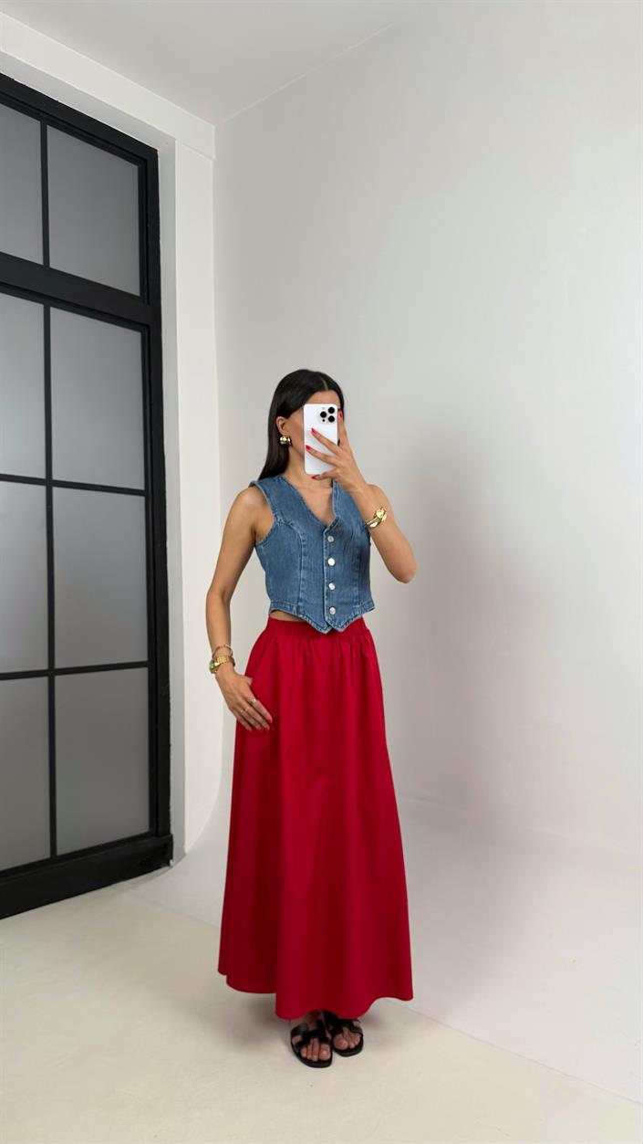 Kırmızı Beli Lastikli Cepli Poplin Etek Gaus00485