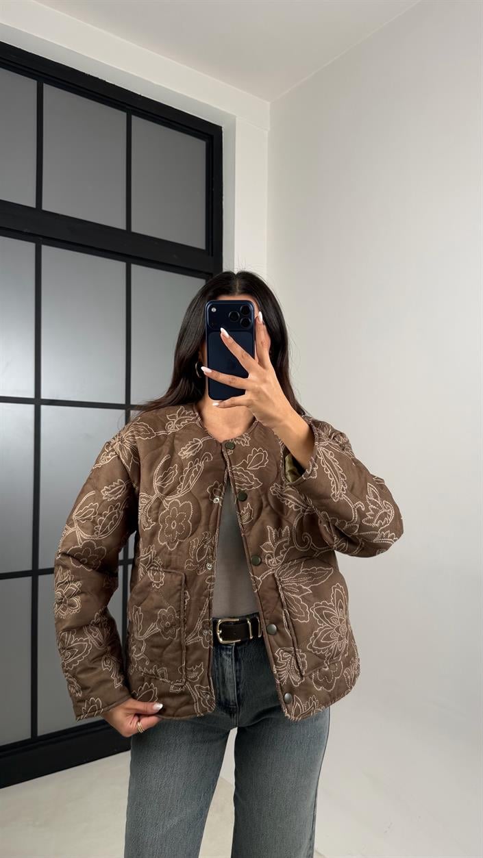 Haki Etnik Desenli Astarlı Kapitone Mont GAUS-00596