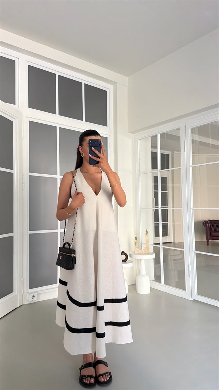 Beyaz Şerit Detaylı Premium Keten Elbise GAUS-01766