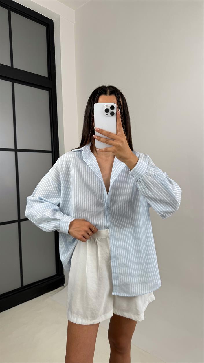 Açık Mavi Beyaz Çizgili Basic Keten Gömlek Gaus00558