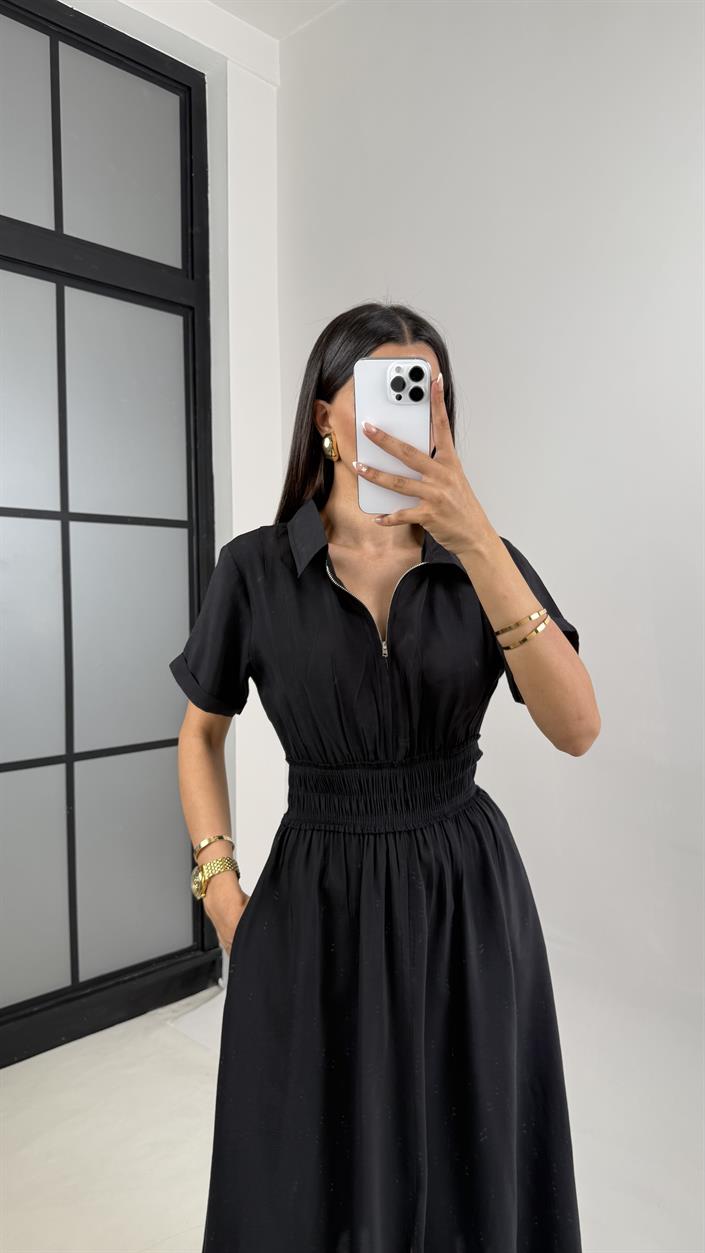 Siyah Beli Lastikli Önden Fermuarlı Yırtmaçlı Tencel Elbise Gaus00551