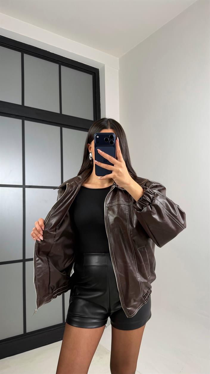 Kahve Dikiş Detaylı Astarlı Deri Ceket GAUS-00908