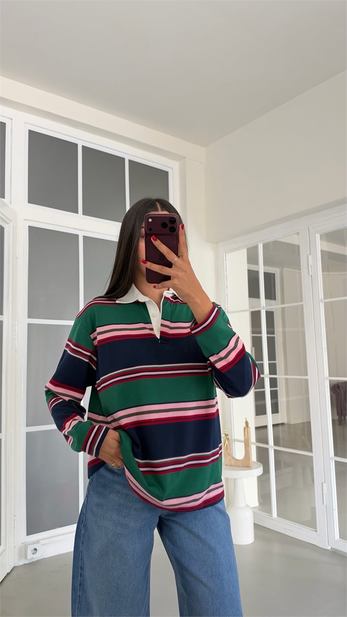 Çok Renkli Polo Yaka Şeritli Kazak GAUS-02222