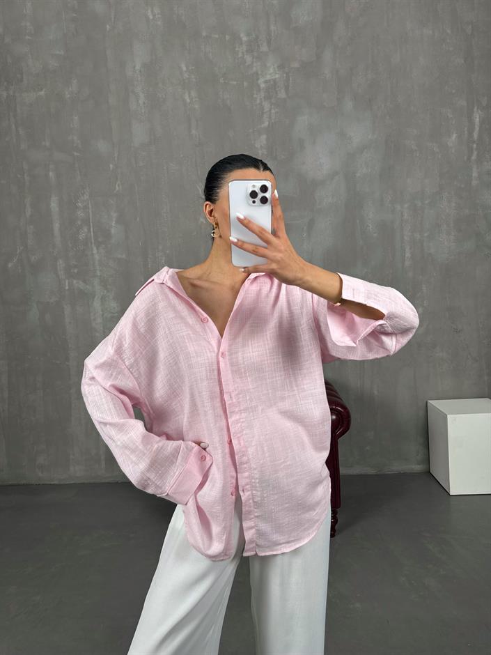 Pembe Keten Karışımlı Kareli Gömlek Gaus00025