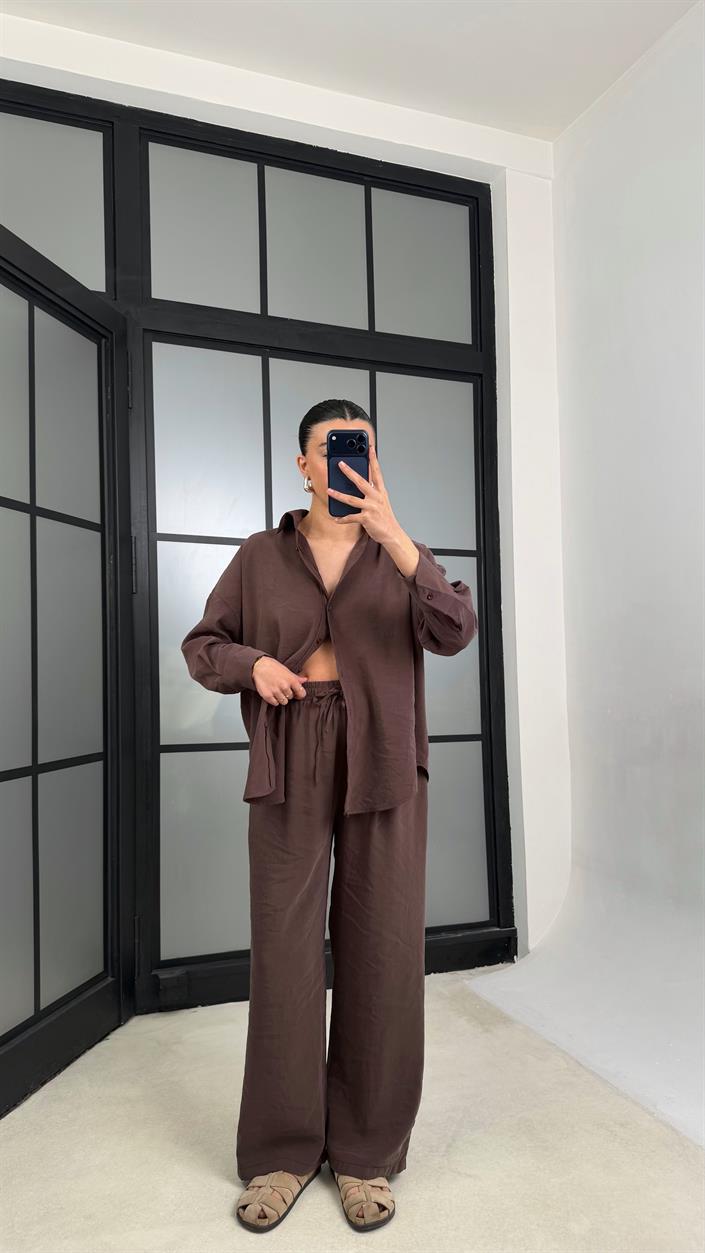 Kahve MD Muadil Gömlek Beli Lastikli Pantolon Tencel Takım GAUS-01278