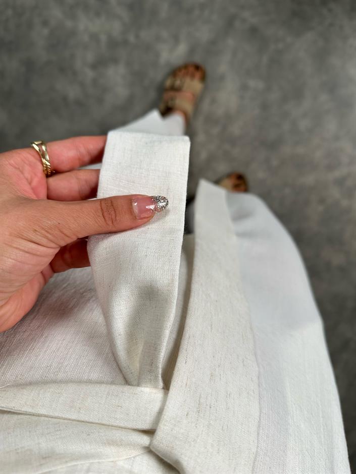 Kiw Krem Keten Vatkalı Kruvaze Kapama Düğmeli Tulum