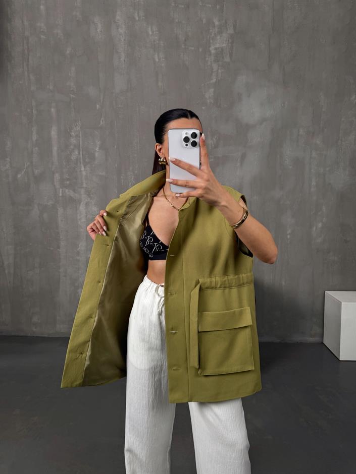 Ravi Yeşil Astarlı Belden Bağlamalı Gabardin Yelek