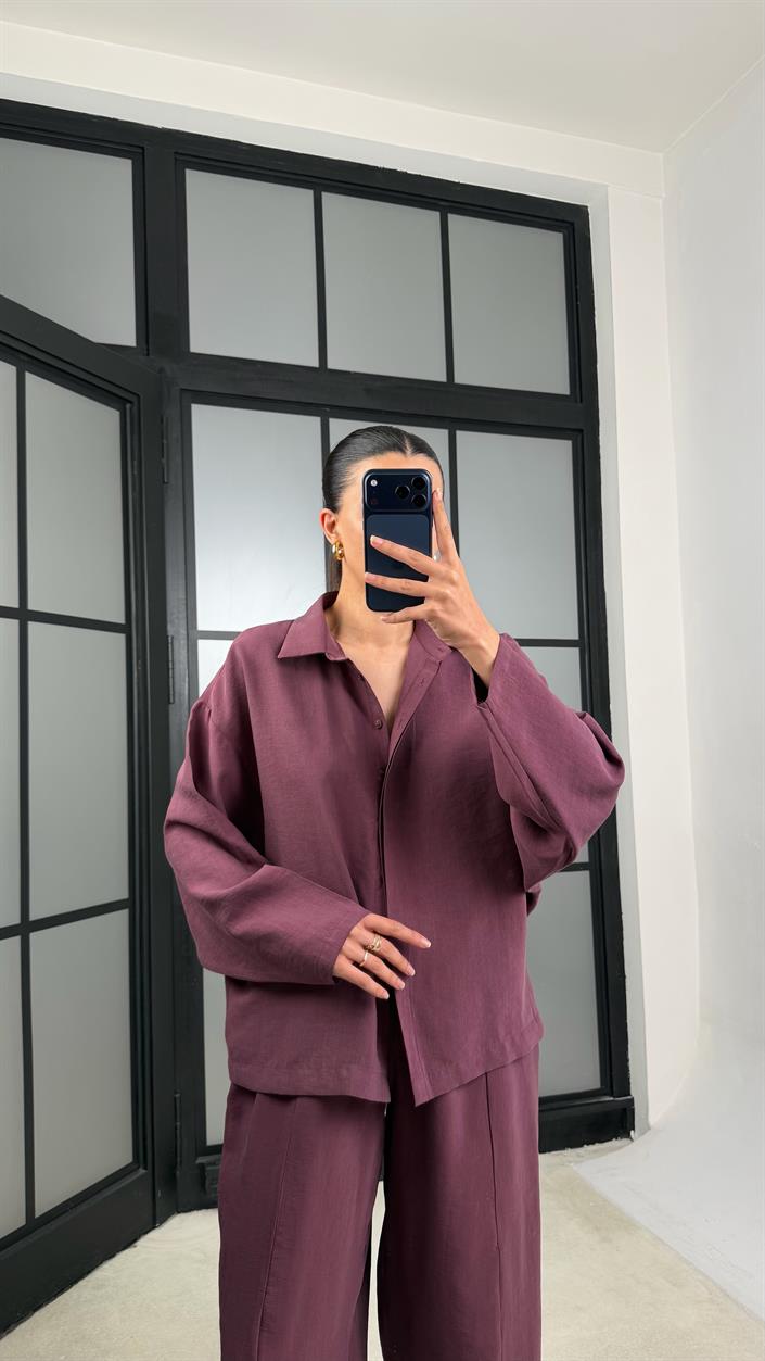 Mürdüm Gömlek Beli Lastikli Pantolon Premium Tencel Kumaş Takım GAUS-01525