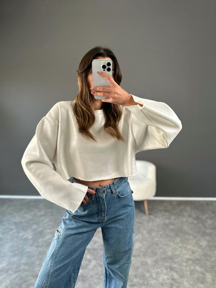 Beyaz Parlak Crop Şardonlu Sweat