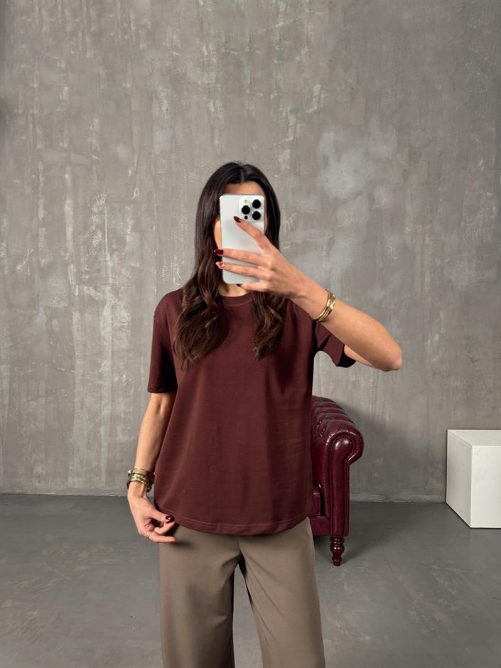 Tifi Kahve Bisiklet Yaka Basic Tshirt