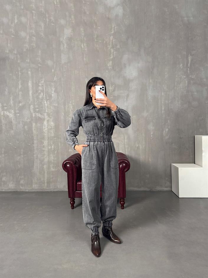 Setre Gri Yıkamalı Önden Fermuarlı Denim Tulum
