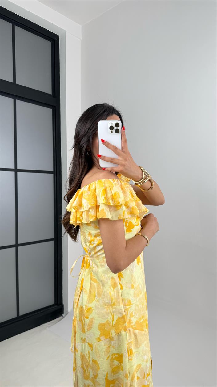 Pembe Çiçek Desenli Astarlı Dekolteli Elbise Gaus00517