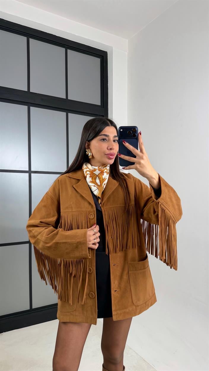 Camel Püskül Detaylı Astarlı Süet Ceket GAUS-00682