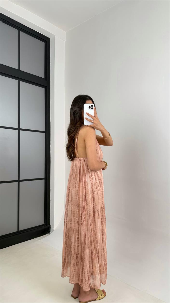 Pembe Askılı Gold Detaylı Astarlı Kırışık Kumaş Elbise Gaus00560