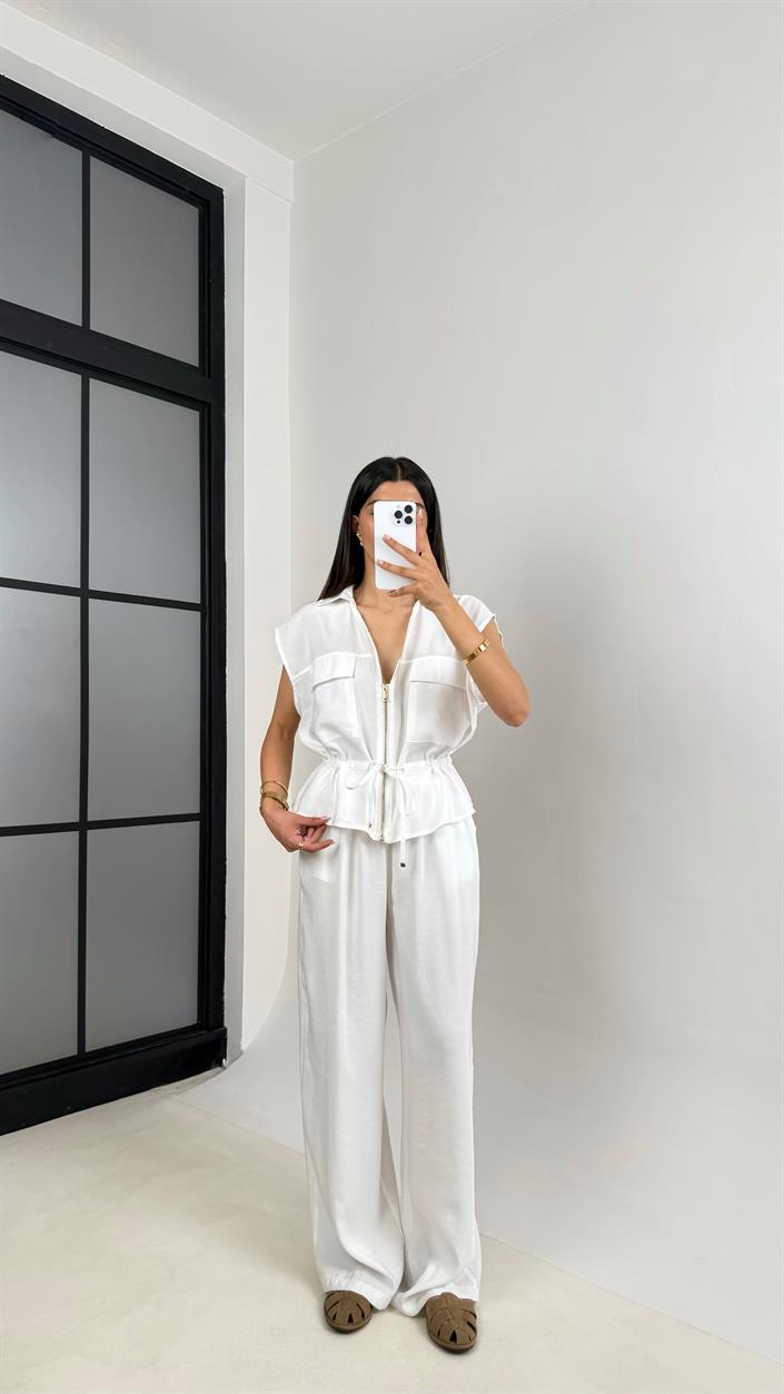 Beyaz Cepli Bağlamalı Yelek Beli Lastikli Pantolon İkili Tencel Takım Gaus00546