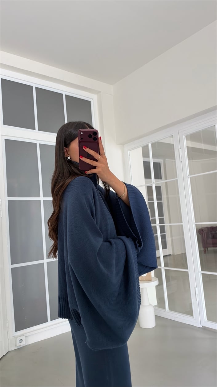 Lacivert Yarasa Kol Hırka Beli Lastikli Pantolon İkili Triko Takım GAUS-02238